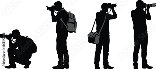 Photographer silhouettes taking photos with professional cameras, creative photography poses concept isolated on white background, black vector illustration design