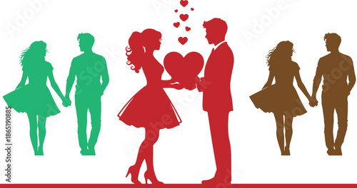 Silhouettes of couples representing love romance and togetherness feature a central pair sharing a large heart symbolizing deep affection and connection