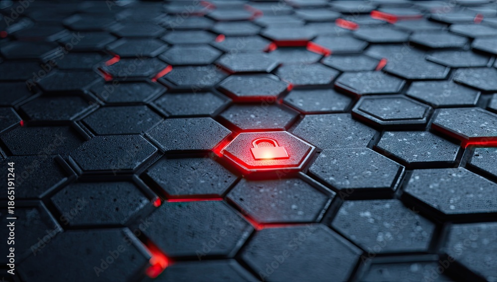 Obraz premium Hexagonal pattern with glowing red lock symbol for data security