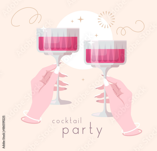 Hands with cocktails and firework. Cocktail party. Celebration toast with two cocktail glasses. Flat design. Vector illustration