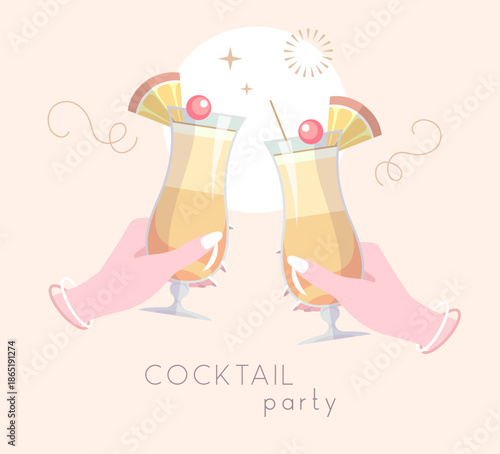 Hands with cocktails and firework. Cocktail party. Celebration toast with two cocktail glasses. Flat design. Vector illustration