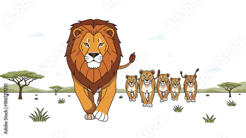 Majestic male lion leading its pride of lionesses and cubs across the African savanna, illustrating family bonds and leadership in the wild.