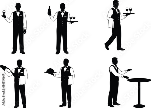 Waiter silhouette collection illustration, restaurant staff serving wine, tray, bottle, hospitality service poses, professional catering vector design
