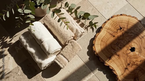 Luxurious Towels And Wood Slice Decor, A Natural Spa Concept For Wellness
