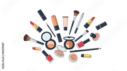 Comprehensive collection of various makeup products, including lipsticks, brushes, foundation, powders, and nail polishes, arranged in a pleasing circular layout.