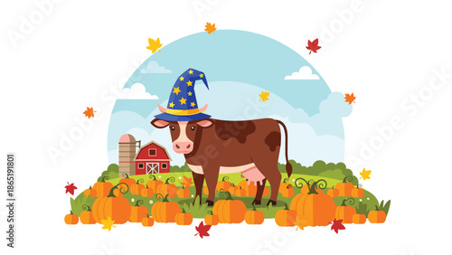 Whimsical illustration of a charming cow wearing a wizard hat, standing in a vibrant autumn pumpkin patch on a farm with a rustic barn.
