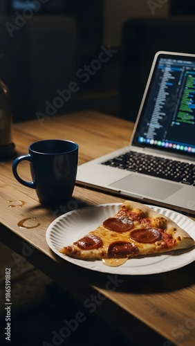 Night Scene Workspace with Pepperoni Pizza Slice and Blue Mug Next to Laptop on Wooden Desk