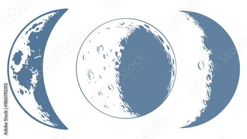 Three phases of the moon are depicted in a striking contrasting dark blue and white silhouette