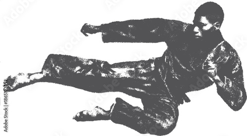Martial arts kick in dynamic motion. Black and white vector illustration showing action and energy in a fighter's stance.