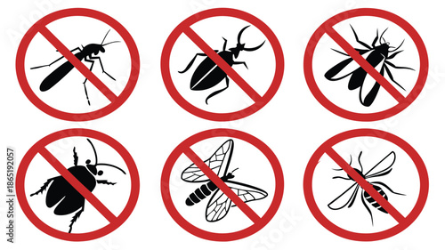 Prohibition signs displaying various insect silhouettes with red circles and slashes indicating pest control or warnings silhouette