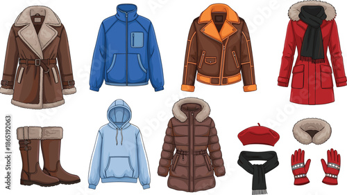 Winter clothing illustration set, jackets coats boots scarves gloves hats, warm fashion outerwear collection, seasonal apparel vector design, isolated white