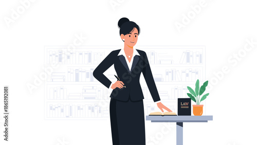 Elegant female lawyer or professional standing confidently in a legal office, holding a pen, with law books on a table and a bookshelf behind.