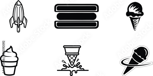 Black and white icons of ice cream and space objects on white background