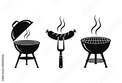 Illustration of barbecuing sausages on grill with lid open and steaming hot coals viewed from the front in a backyard setting with barbecue equipment