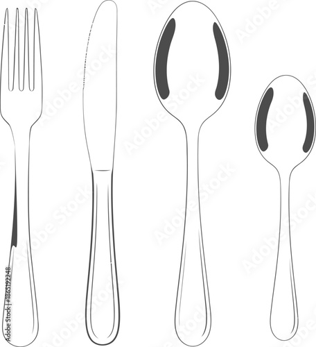 A set of cutlery including fork, knife, and spoons arranged neatly on a white background