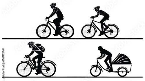 Two cyclists riding bicycles and people with cargo bikes are presented in a black silhouette