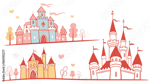 charming fairytale castles with towers flags and trees depicted in a delightful whimsical illustration style silhouette