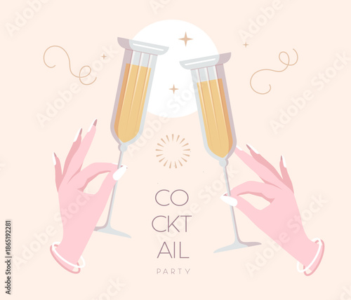 Hands with cocktails and firework. Cocktail party. Celebration toast with two cocktail glasses. Flat design. Vector illustration