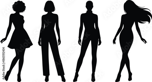 Elegant women silhouettes standing confidently in modern fashion poses, feminine body shapes, style diversity, beauty, contemporary lifestyle illustration isolated