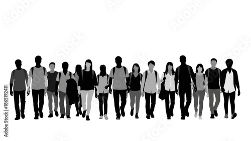 A group of black silhouette people walking in a line on a white background, conveying a sense of social unity and collective movement.