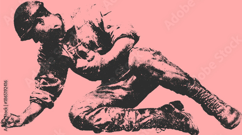 Soldier in vintage graphic illustration. Black and white military character isolated on a pink background, featuring a unique action pose in vector art.