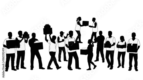 A group of black silhouette people engaging in various social activities with laptops and briefcases on a white background.