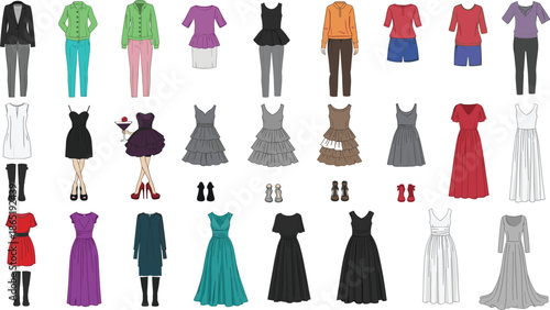 Women fashion clothing collection illustration, dresses, tops, pants, skirts, outfits, colorful apparel set, modern female wardrobe vector design