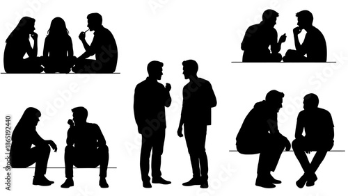 Black silhouette illustrations of people in various social poses and interactions on a white background.