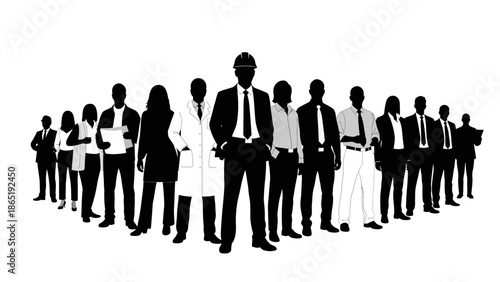 Black silhouette of a diverse group of people standing in a line, conveying a sense of unity and social connection on a white background.