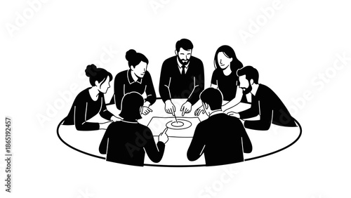 Black silhouette of people sitting around a table in a social meeting with a minimalist design on a white background.