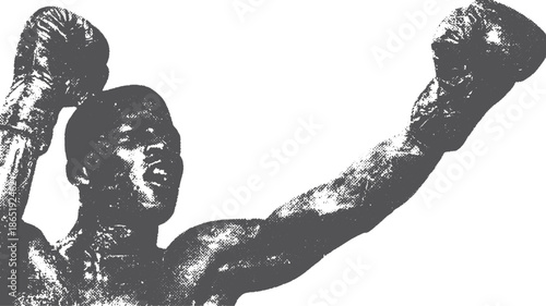 Boxer in a victory pose, showcasing strong muscles and gloves. Dynamic black-and-white sports vector illustration.