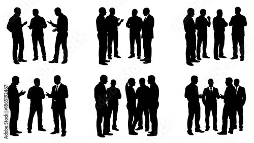 A group of black silhouette people in various social interactions on a white background, conveying a sense of community and communication.