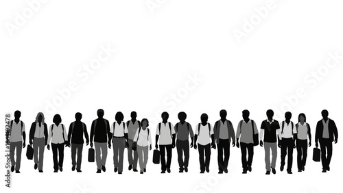 A group of black silhouette people walking in a line against a white background, conveying a sense of social unity and collective movement.