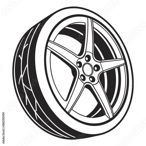 Detailed illustration of a single car wheel with a tire presented in a stark black and white silhouette