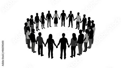 Black silhouette of diverse people holding hands in a circular formation against a clean white background, conveying a sense of unity and social connection.
