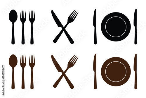 Table setting with various utensils and plates in different colors presented in a grid layout