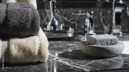 Luxury Bathroom Still Life With Marble Countertop, Modern Faucet, Towels And Soap Stand