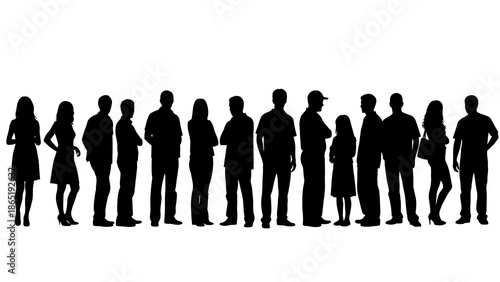 Black silhouette of a diverse group of people standing in a row on a white background, conveying a social or community theme.