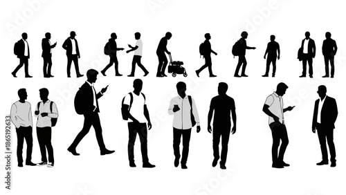 Black silhouette of people in various poses and activities on a white background, conveying a social and modern mood with a collection of individuals in different outfits and stances.