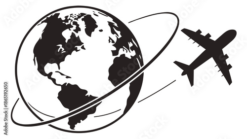 A striking black and white image depicting earth and an airplane in flight a beautiful silhouette