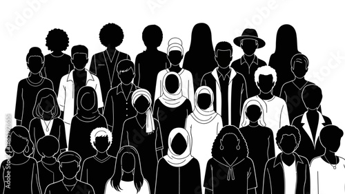 A group of diverse black silhouette people standing together in a social setting against a clean white background.