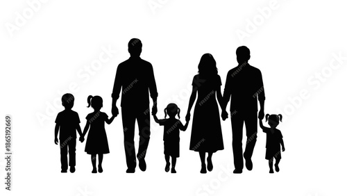 A black silhouette of a diverse family with two adults and three children walking together, holding hands, against a clean white background, conveying a sense of social unity and