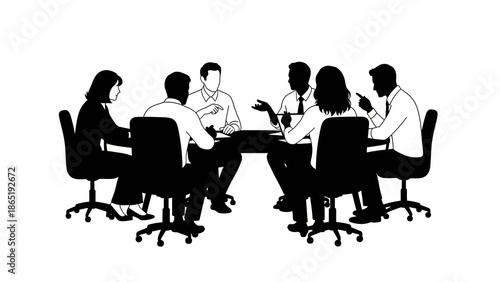 Black silhouette of people sitting in a meeting sosial around a table with a white background.