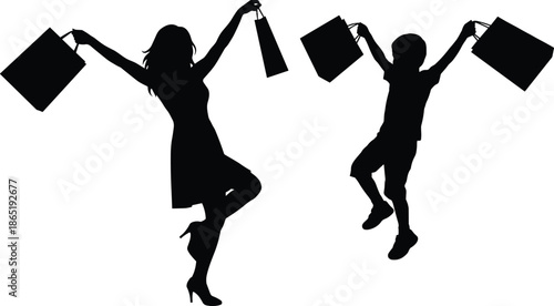 Happy shoppers silhouettes jumping with shopping bags, retail excitement, sale success, consumer joy, fashion shopping lifestyle illustration isolated on white