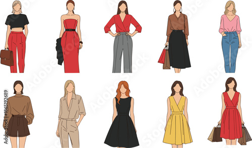 Women fashion illustration collection showing modern outfits dresses and casual styles, trendy female clothing set isolated on white background vector design