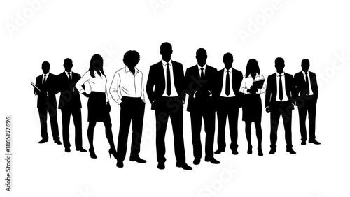 Black silhouette of a diverse group of business professionals standing together in a social setting against a clean white background.