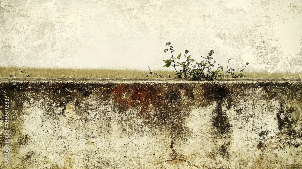 Fototapeta premium A lone plant growing on a weathered concrete wall