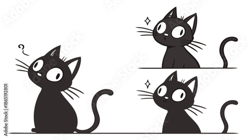 Three adorable black cats in various poses displayed in a charming minimalist style silhouette high quality