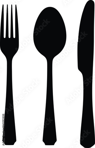 Silhouetted Cutlery Set Against a White Background Featuring a Fork, Spoon, and Knife