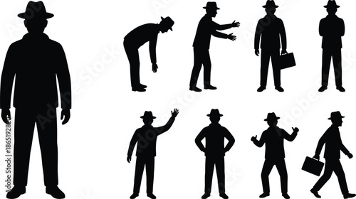 Man silhouettes wearing hats showing different gestures and poses, business character actions, emotions, classic lifestyle illustration isolated on white